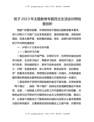 班子2023年主题教育专题民主生活会对照检查剖析