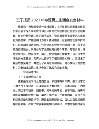 班子成员2023年专题民主生活会发言材料