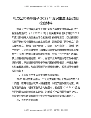电力公司领导班子2022年度民主生活会对照检查材料