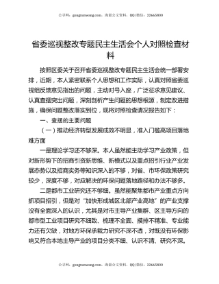 省委巡视整改专题民主生活会个人对照检查材料