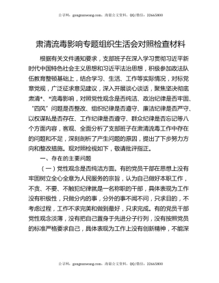 肃清流毒影响专题组织生活会对照检查材料