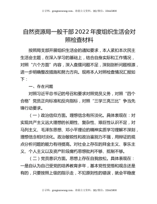 自然资源局一般干部2022年度组织生活会对照检查材料