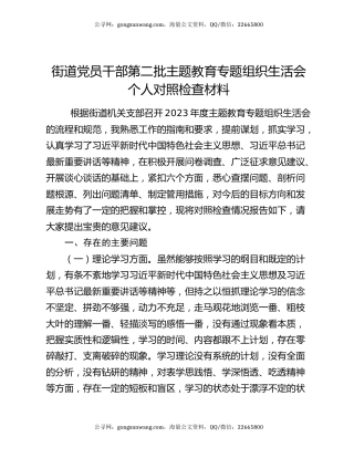 街道党员干部第二批主题教育专题组织生活会个人对照检查材料