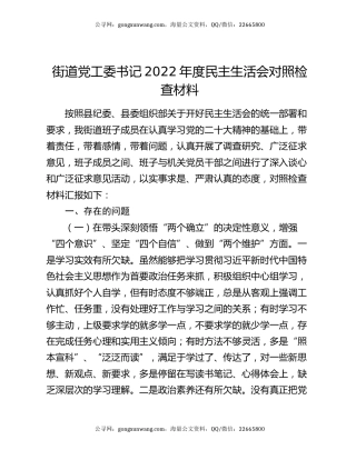 街道党工委书记2022年度民主生活会对照检查材料
