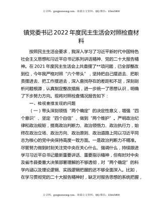镇党委书记2022年度民主生活会对照检查材料