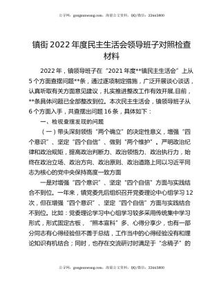 镇街2022年度民主生活会领导班子对照检查材料