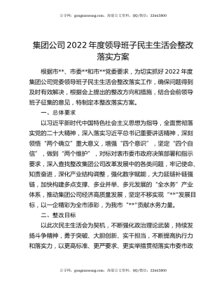 集团公司2022年度领导班子民主生活会整改落实方案