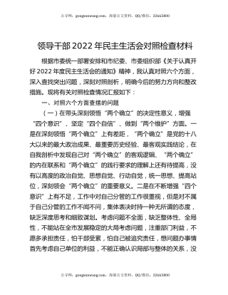 领导干部2022年民主生活会对照检查材料