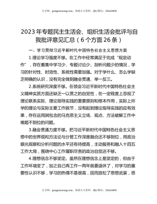 2023年专题民主生活会、组织生活会批评与自我批评意见汇总（6个方面26条）