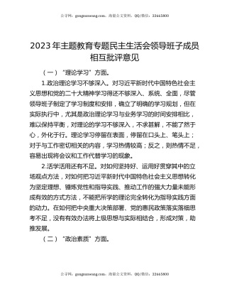 2023年主题教育专题民主生活会领导班子成员相互批评意见