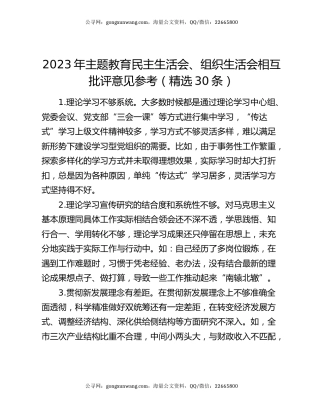 2023年主题教育民主生活会、组织生活会相互批评意见参考（精选30条）