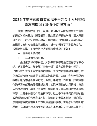 2023年度主题教育专题民主生活会个人对照检查发言提纲（新6个对照方面）