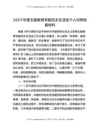 2023年度主题教育专题民主生活会个人对照检查材料