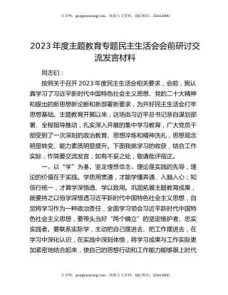 2023年度主题教育专题民主生活会会前研讨交流发言材料