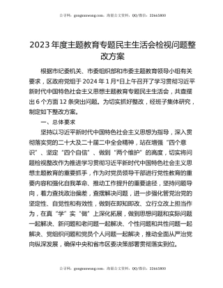 2023年度主题教育专题民主生活会检视问题整改方案
