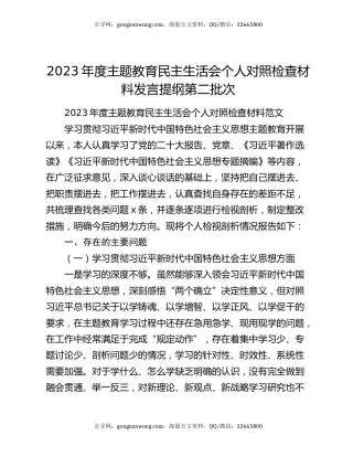 2023年度主题教育民主生活会个人对照检查材料发言提纲第二批次