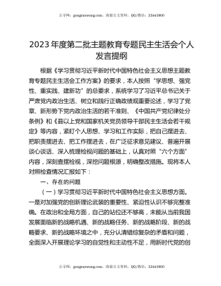 2023年度第二批主题教育专题民主生活会个人发言提纲