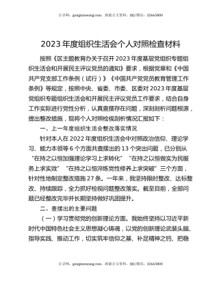 2023年度组织生活会个人对照检查材料