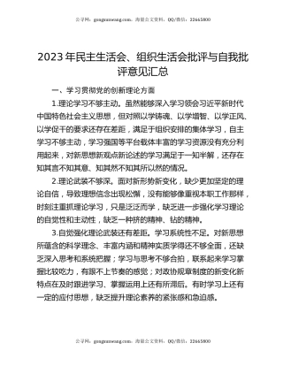 2023年民主生活会、组织生活会批评与自我批评意见汇总