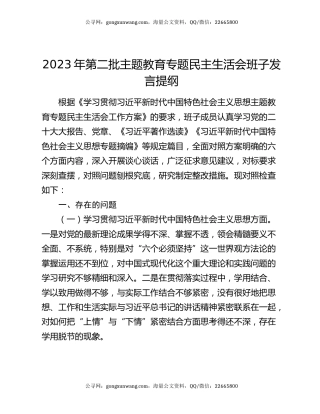2023年第二批主题教育专题民主生活会班子发言提纲