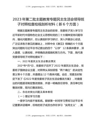 2023年第二批主题教育专题民主生活会领导班子对照检查检视剖析材料（新6个方面）