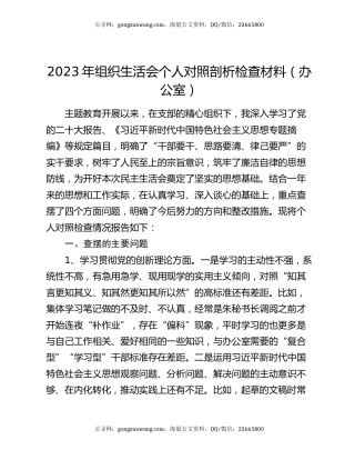 2023年组织生活会个人对照剖析检查材料（办公室）
