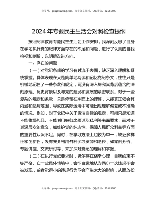 2024年专题民主生活会对照检查提纲