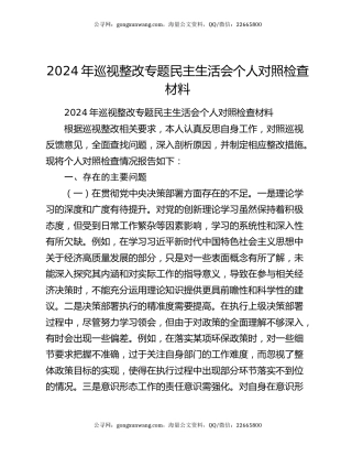 2024年巡视整改专题民主生活会个人对照检查材料