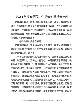 2024年度专题民主生活会对照检查材料