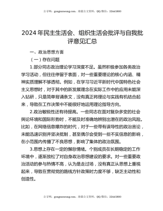2024年民主生活会、组织生活会批评与自我批评意见汇总