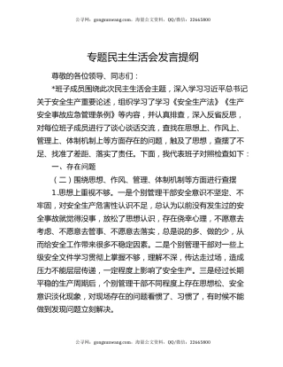 专题民主生活会发言提纲
