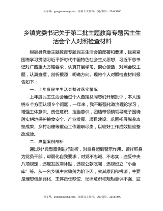 乡镇党委书记关于第二批主题教育专题民主生活会个人对照检查材料