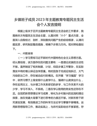 乡镇班子成员2023年主题教育专题民主生活会个人发言提纲