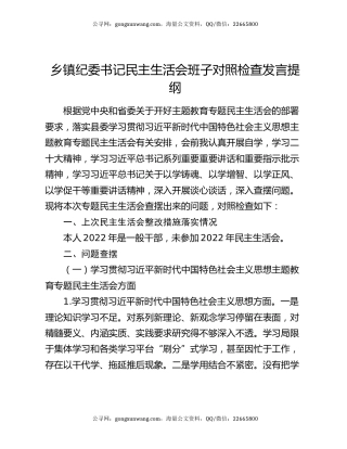 乡镇纪委书记民主生活会班子对照检查发言提纲