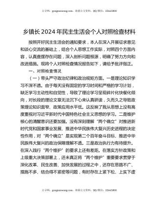 乡镇长2024年民主生活会个人对照检查材料