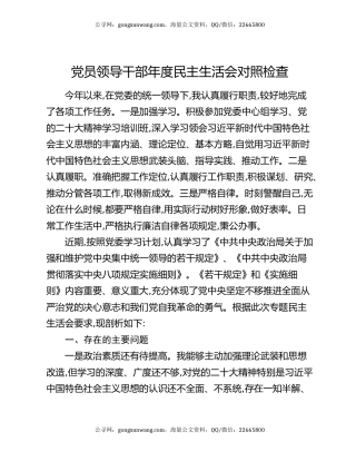 党员领导干部年度民主生活会对照检查