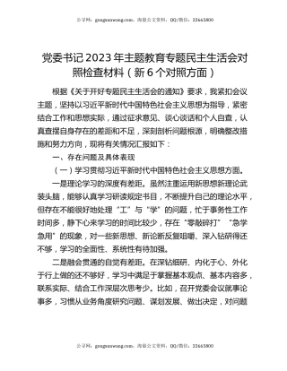 党委书记2023年主题教育专题民主生活会对照检查材料（新6个对照方面）