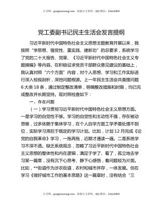 党工委副书记民主生活会发言提纲
