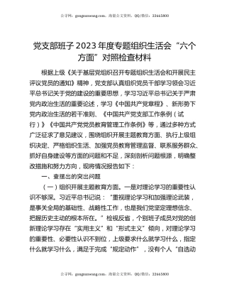 党支部班子2023年度专题组织生活会“六个方面”对照检查材料