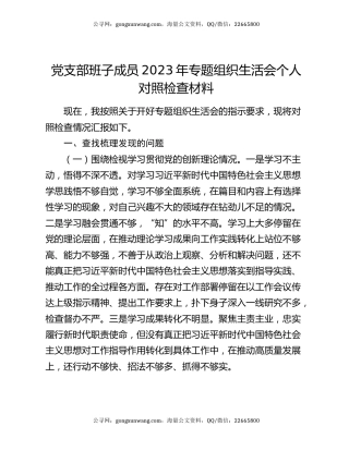 党支部班子成员2023年专题组织生活会个人对照检查材料