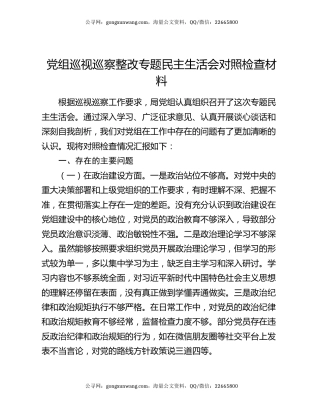 党组巡视巡察整改专题民主生活会对照检查材料