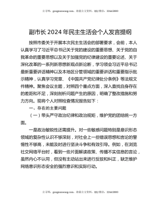 副市长2024年民主生活会个人发言提纲