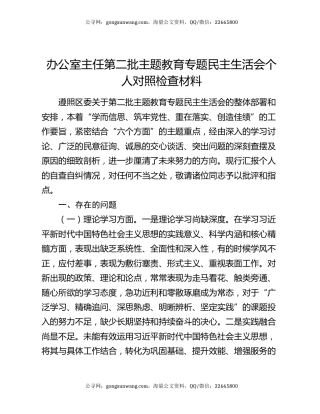 办公室主任第二批主题教育专题民主生活会个人对照检查材料