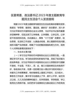 区委常委、政法委书记2023年度主题教育专题民主生活会个人发言提纲