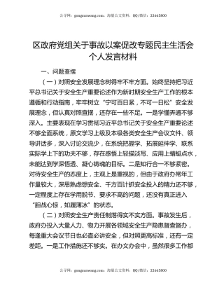 区政府党组关于事故以案促改专题民主生活会个人发言材料