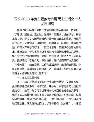 区长2023年度主题教育专题民主生活会个人发言提纲