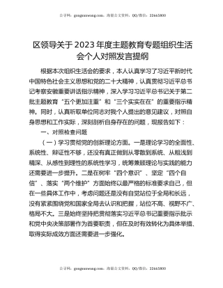 区领导关于2023年度主题教育专题组织生活会个人对照发言提纲