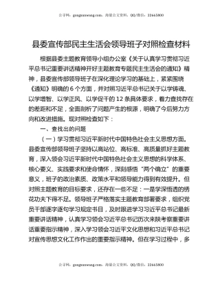 县委宣传部民主生活会领导班子对照检查材料