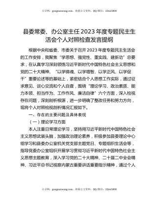 县委常委、办公室主任2023年度专题民主生活会个人对照检查发言提纲
