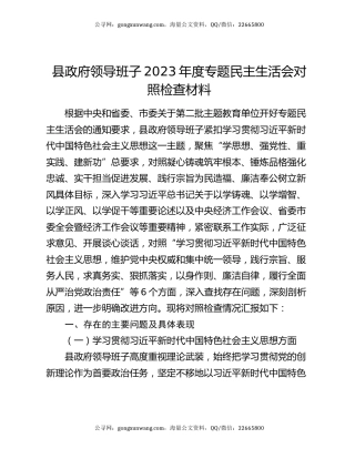 县政府领导班子2023年度专题民主生活会对照检查材料